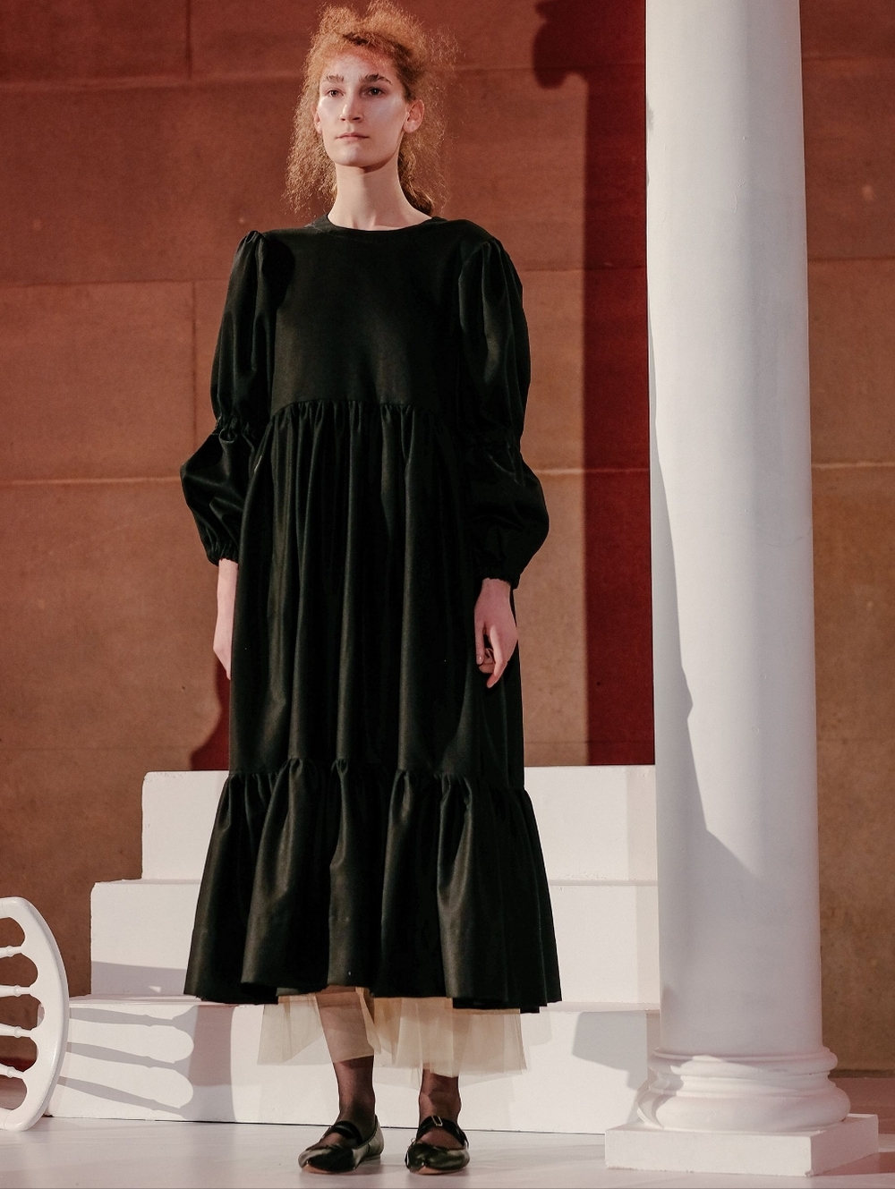 MOLLY GODDARD Runway "Milla" Black Tiered Long Sleeve Midi Dress XS